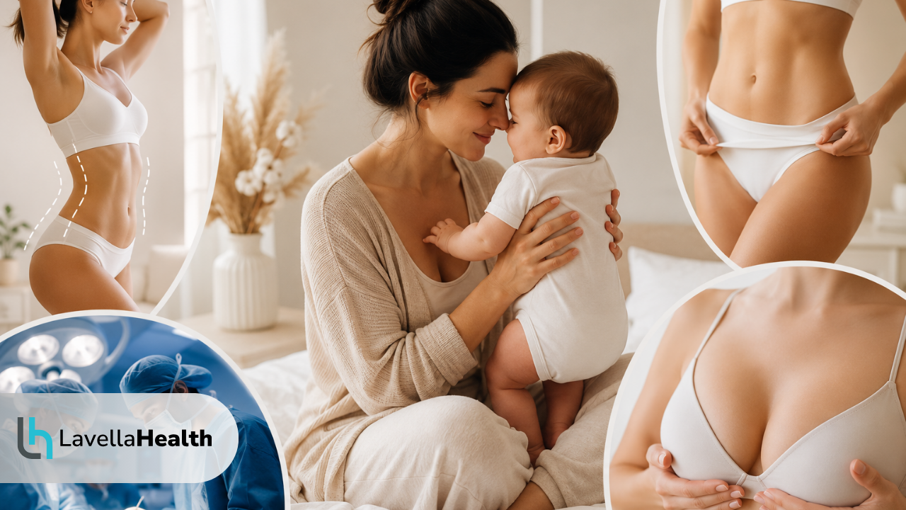 Какво представлява Mommy Makeover Комбинация от абдоминопластика, естетика на бюста и липосукция
